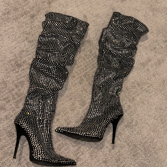 Jeffrey Campbell Black and Silver Over the Knee Boots - Picture 1 of 6
